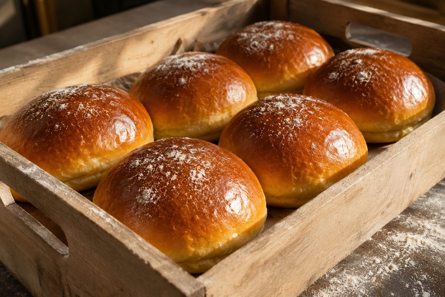 Brioche broodjes in een krat