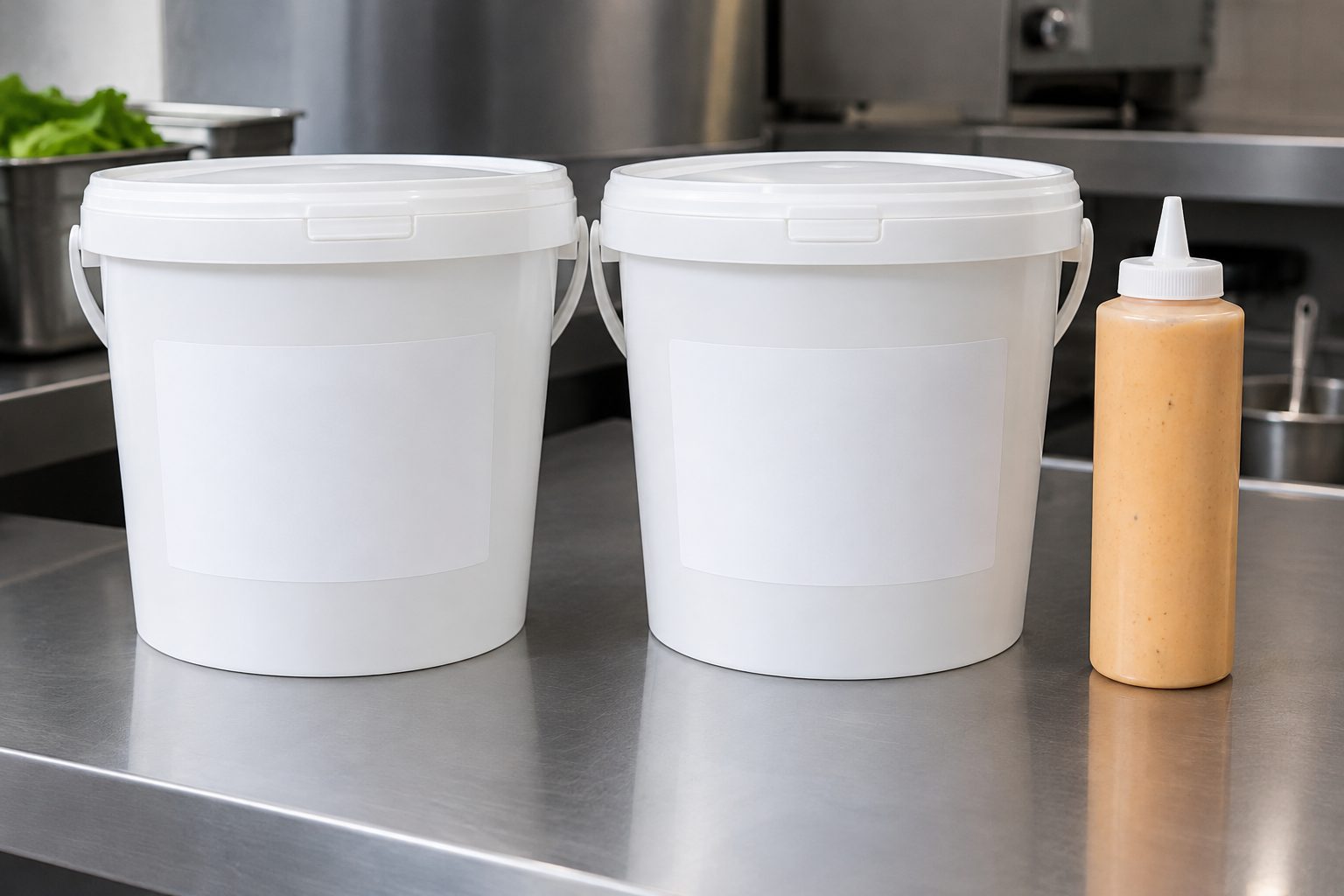 Saus in emmers en knijpfles